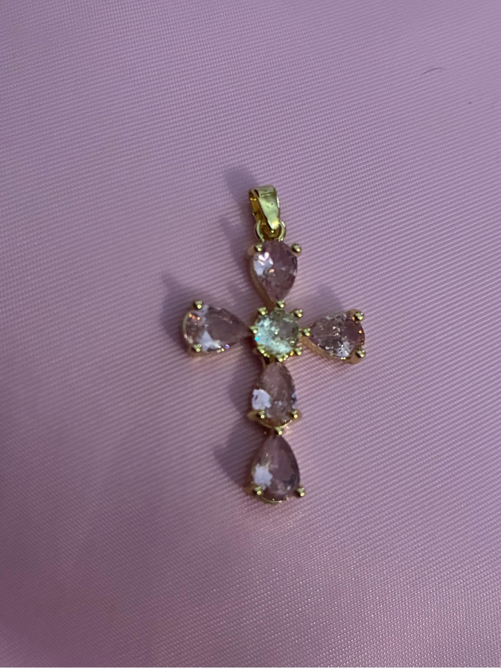 Gold Cross Pendant with Pink Teardrop Gemstones